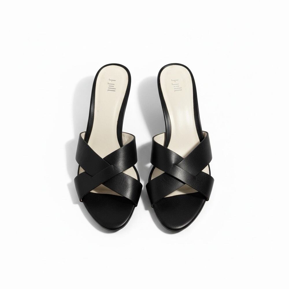 J Jill Black Leather Criss Cross Minimalist Slide Sandals Kitten Heel Size 8.5